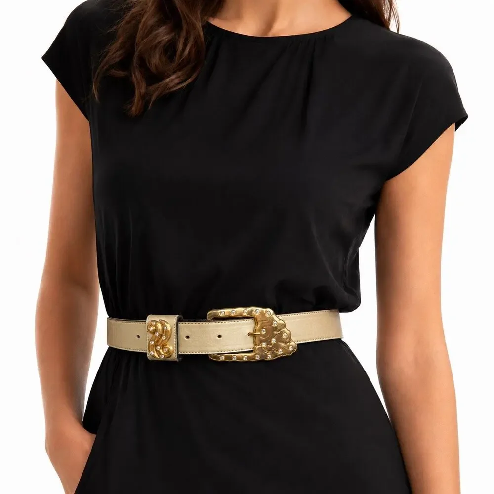 Vintage Gold Leather Rhinestone Buckle Statement Belt Marcella Romaya